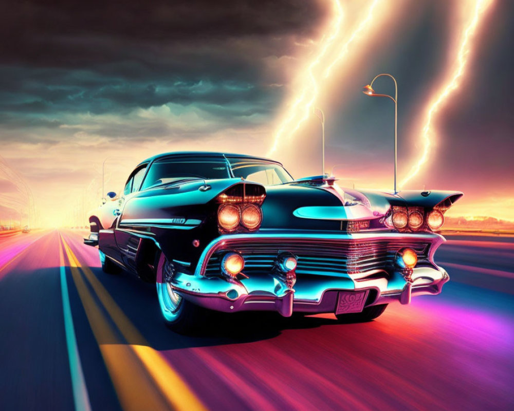 Colorful Digital Artwork: Classic Car Racing on Neon Road