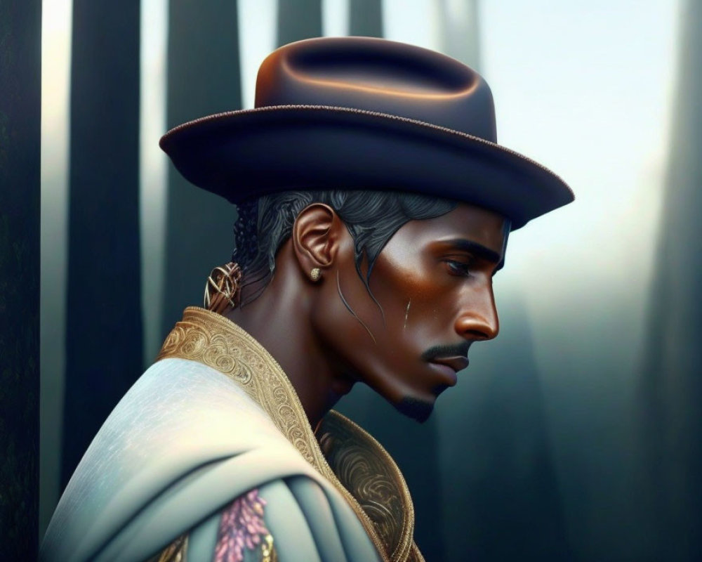 Man with Hat, Earring, and Stylish Clothing on Dark Background