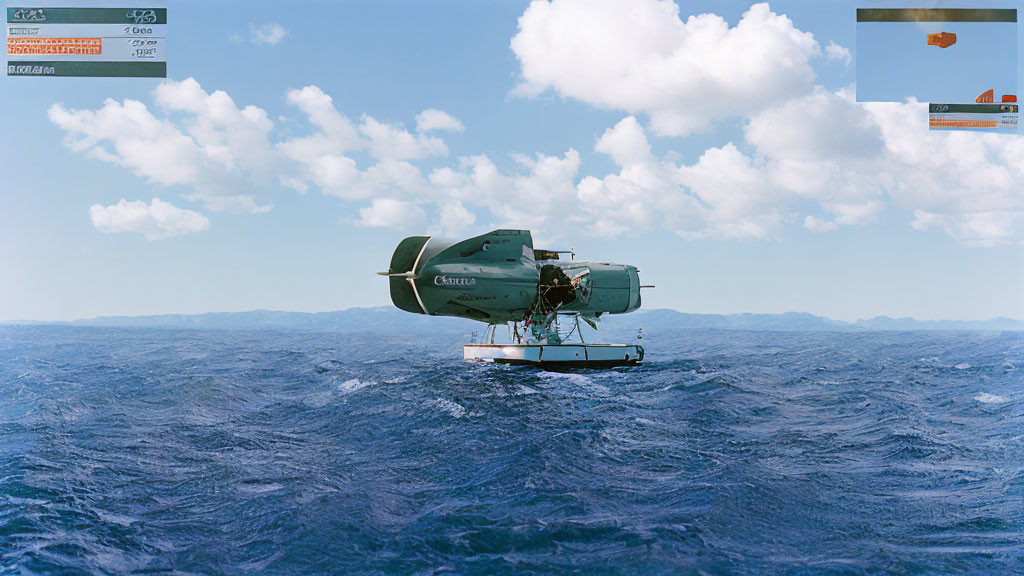 Helicopter hovering above small boat in choppy ocean waters