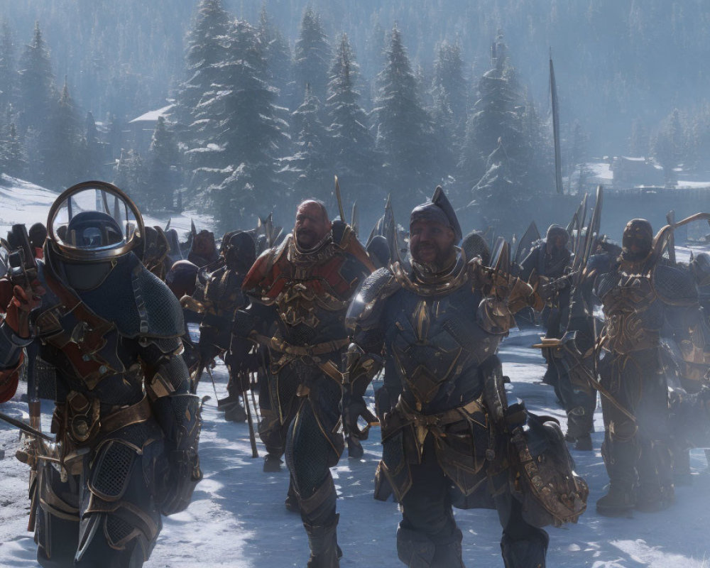 Armored medieval soldiers marching in snowy forest landscape