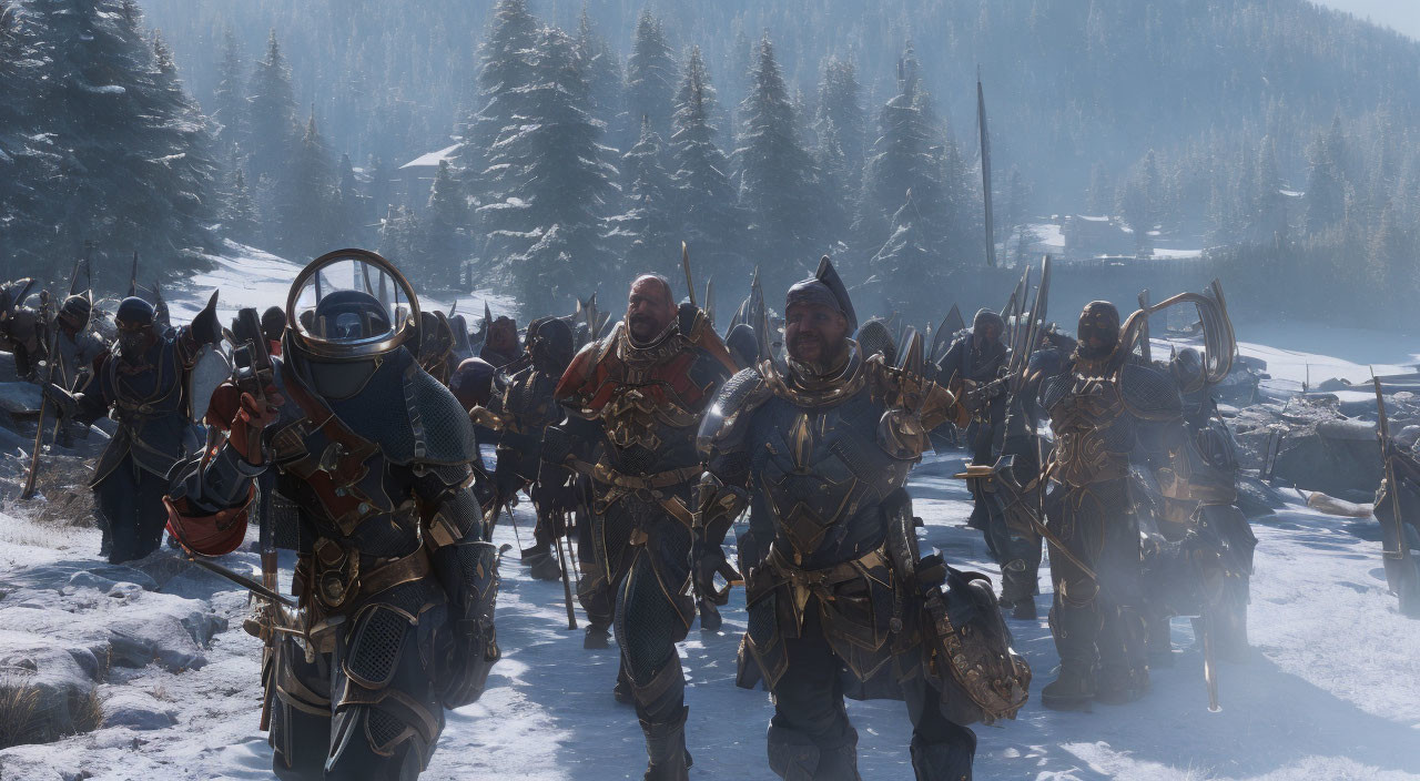 Armored medieval soldiers marching in snowy forest landscape