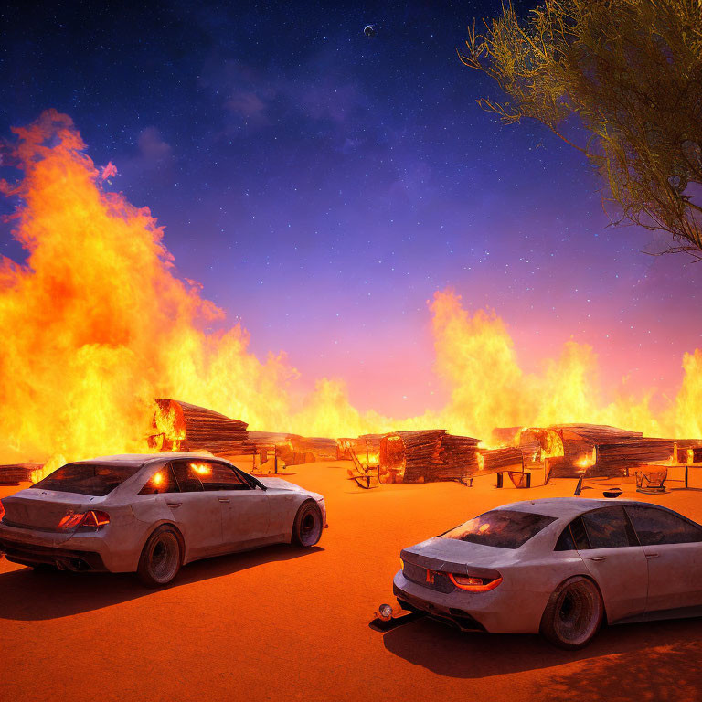 Night scene with intense flames and cars parked under starry sky