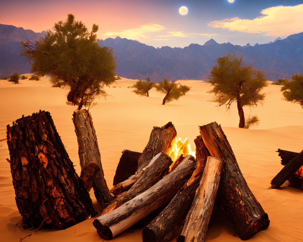 Campfire burning on sandy desert with two moons in twilight sky