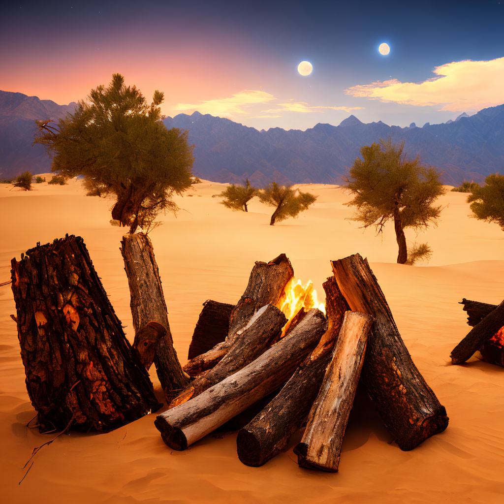 Campfire burning on sandy desert with two moons in twilight sky