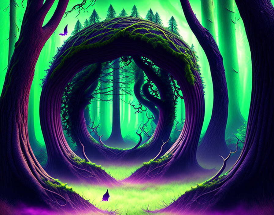 Vibrant purple and green forest scene with twisted trees and glowing butterflies