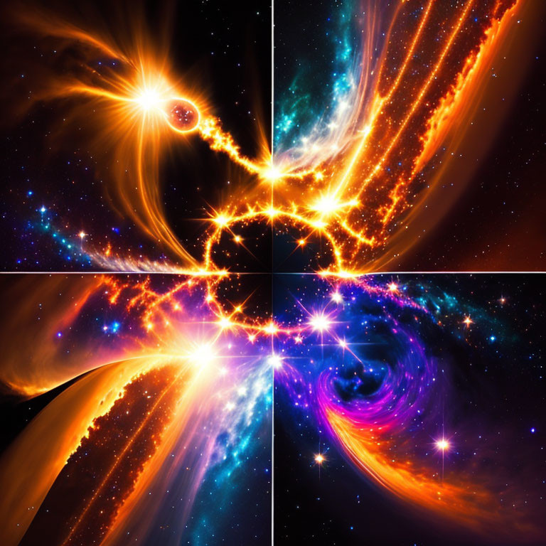 Four Vibrant Cosmic Scenes: Celestial Bodies Interact with Bright Flares and Swirling Galaxies