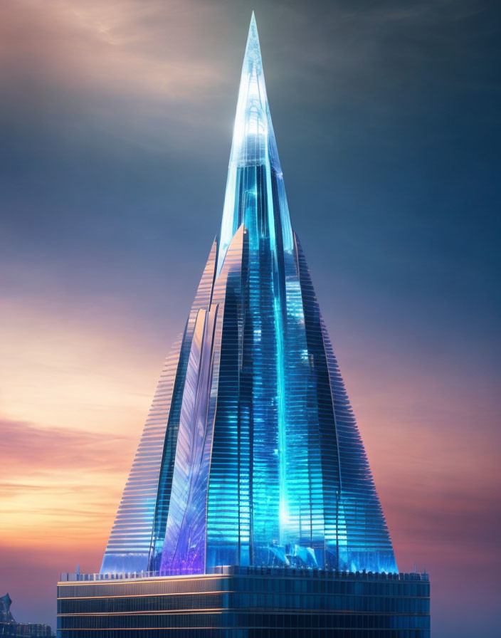 Tall pointed skyscraper illuminated in blue at dusk against pink and blue sky