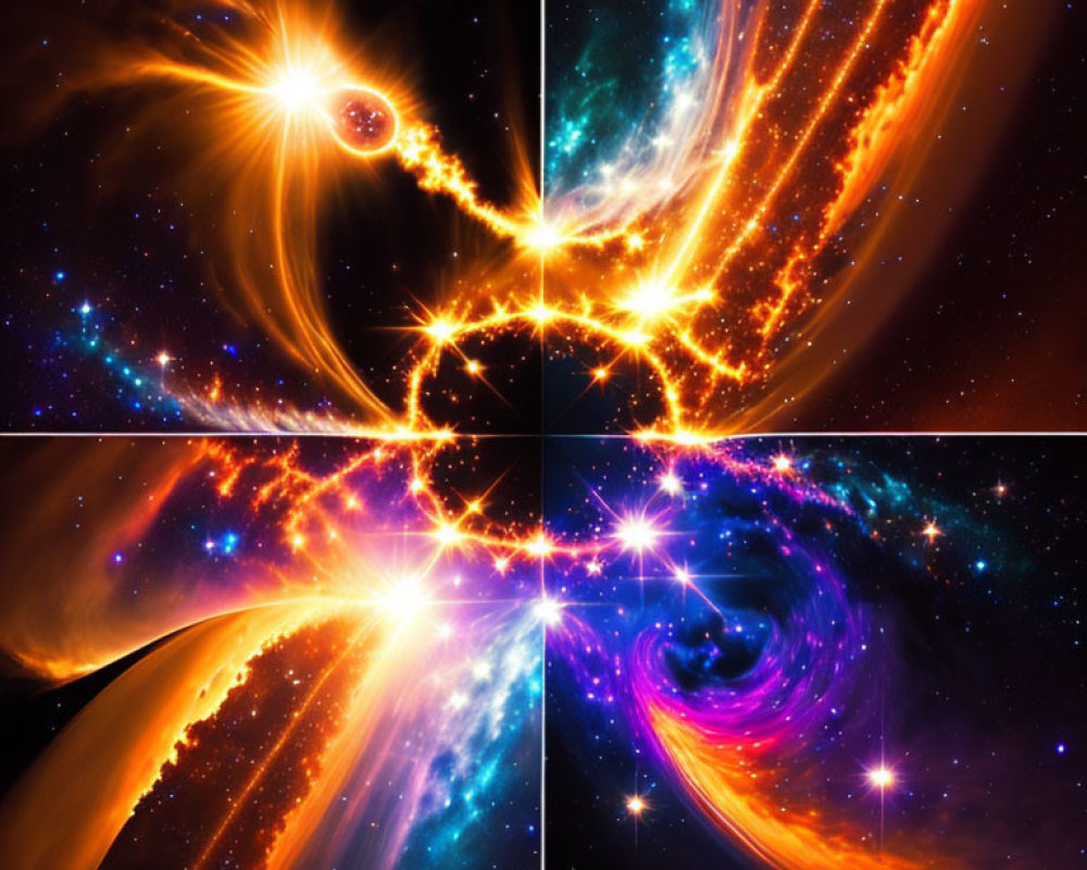 Four Vibrant Cosmic Scenes: Celestial Bodies Interact with Bright Flares and Swirling Galaxies