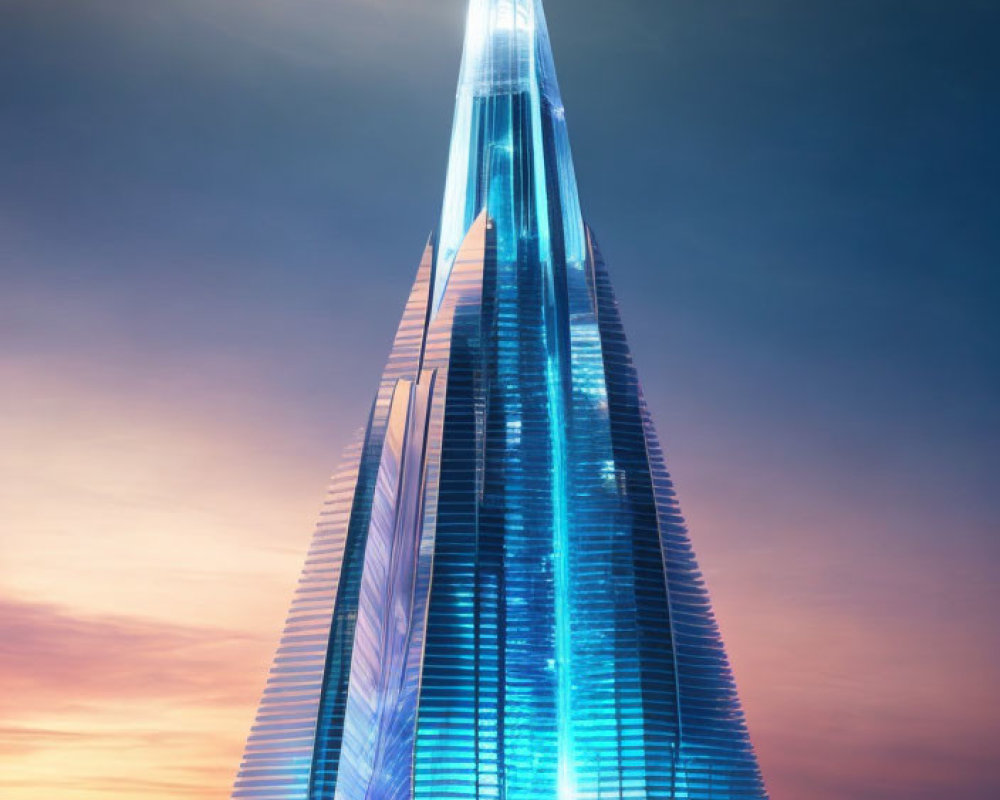 Tall pointed skyscraper illuminated in blue at dusk against pink and blue sky