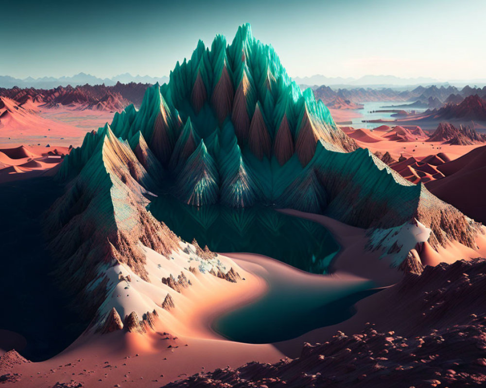 Vibrant spiked mountain and smooth sand dunes in surreal landscape