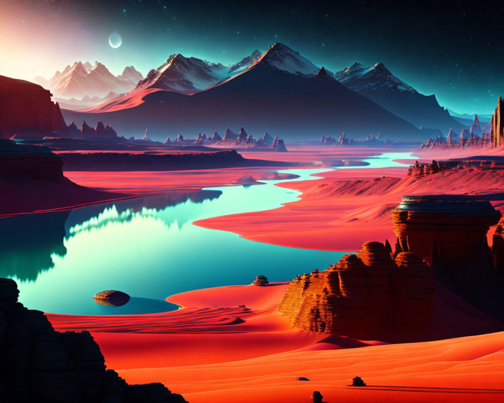 Vibrant red desert, turquoise river, mountain range under moonlit sky