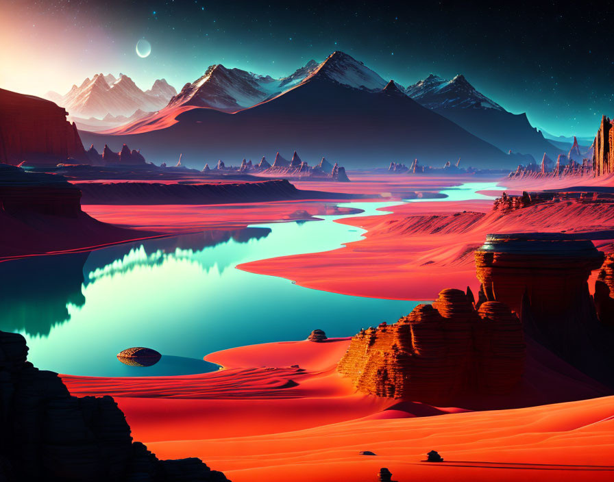 Vibrant red desert, turquoise river, mountain range under moonlit sky