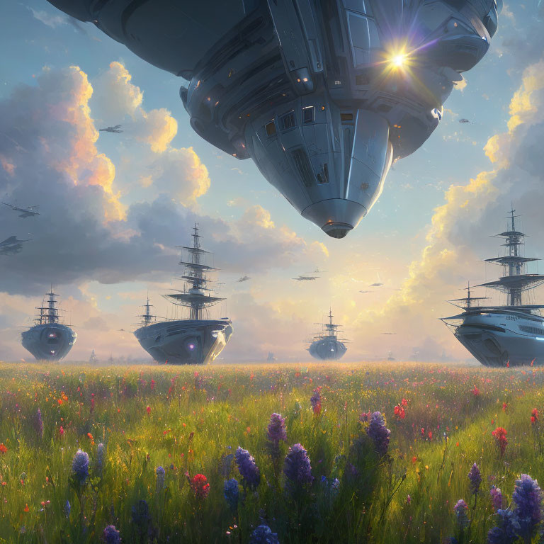 Futuristic ships above lush meadow with flowers at dawn or dusk