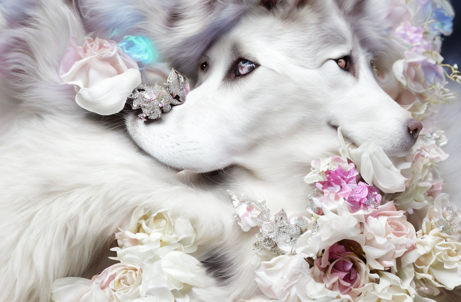 White Husky with Jewelry Surrounded by Pink and White Flowers