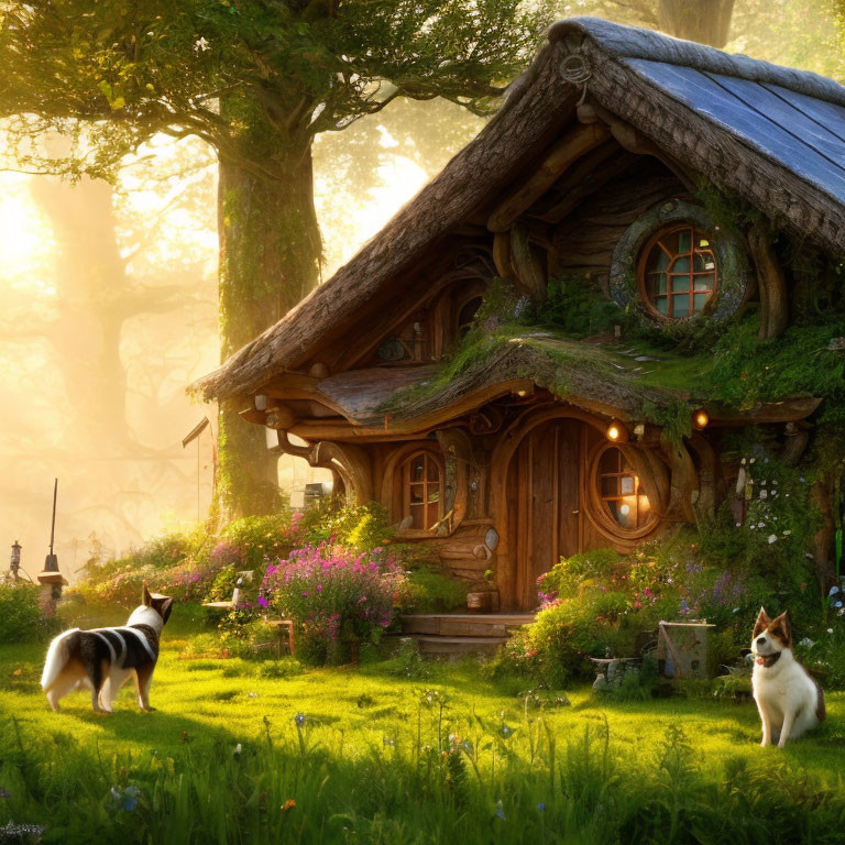 Thatched Roof Wooden House in Greenery with Dog