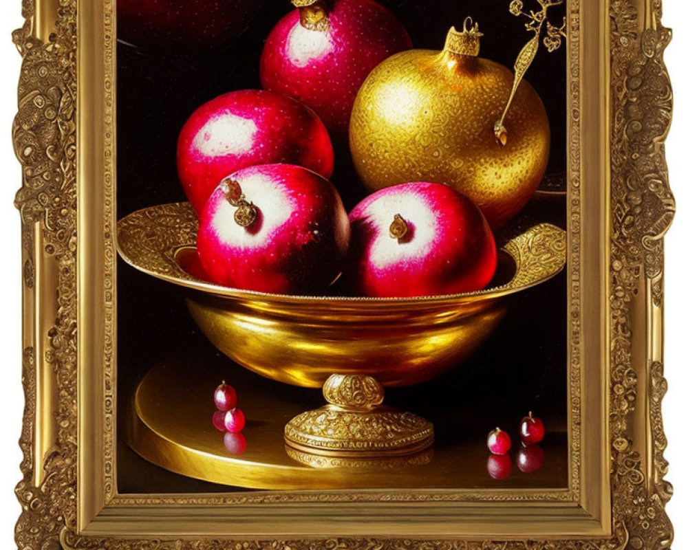 Baroque-style framed still life painting of red and gold apples in golden bowl