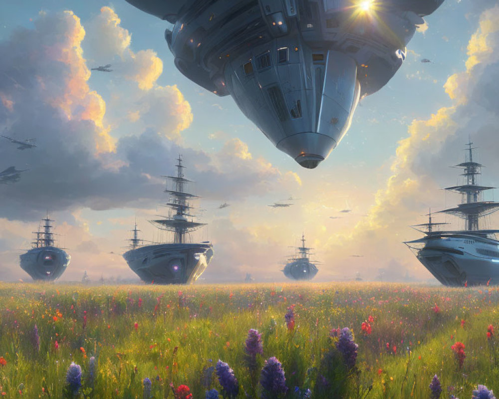 Futuristic ships above lush meadow with flowers at dawn or dusk