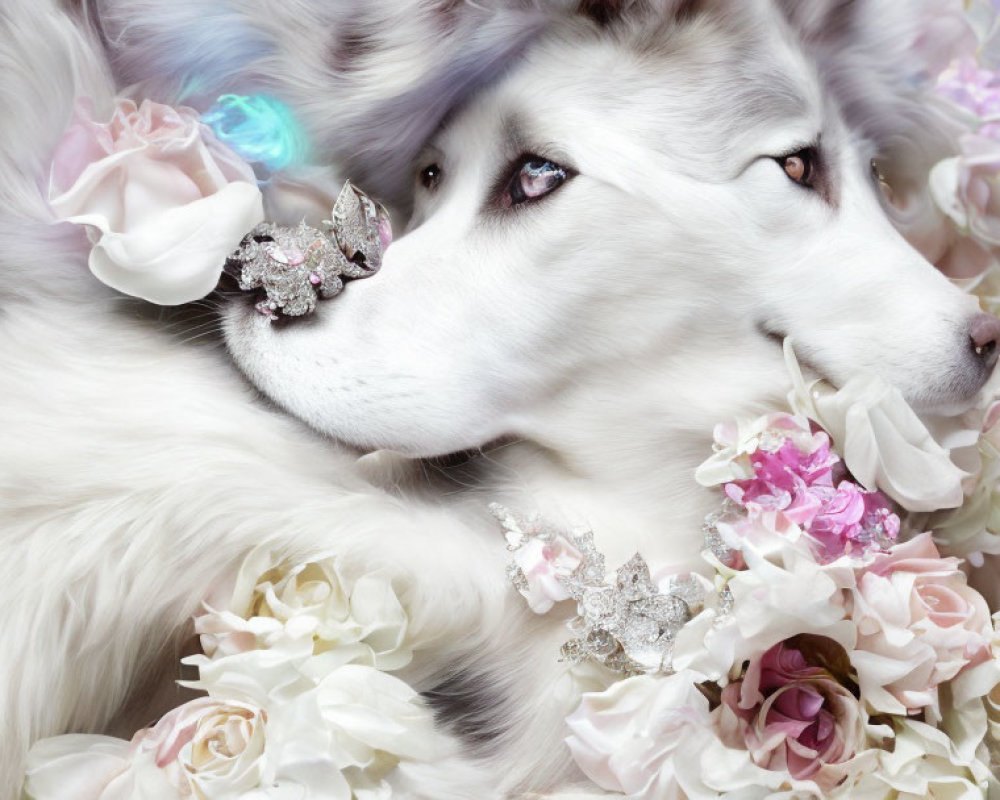 White Husky with Jewelry Surrounded by Pink and White Flowers