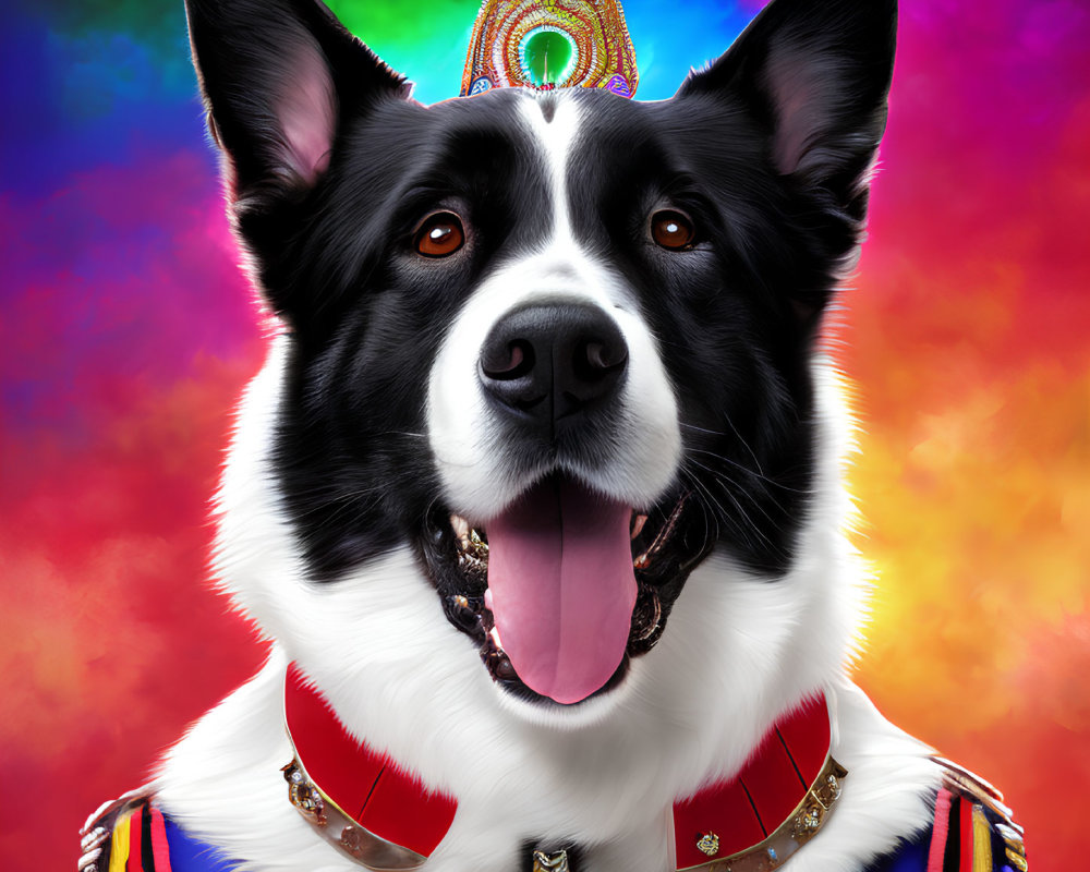 Colorful Royal Outfit Border Collie with Medals on Rainbow Background