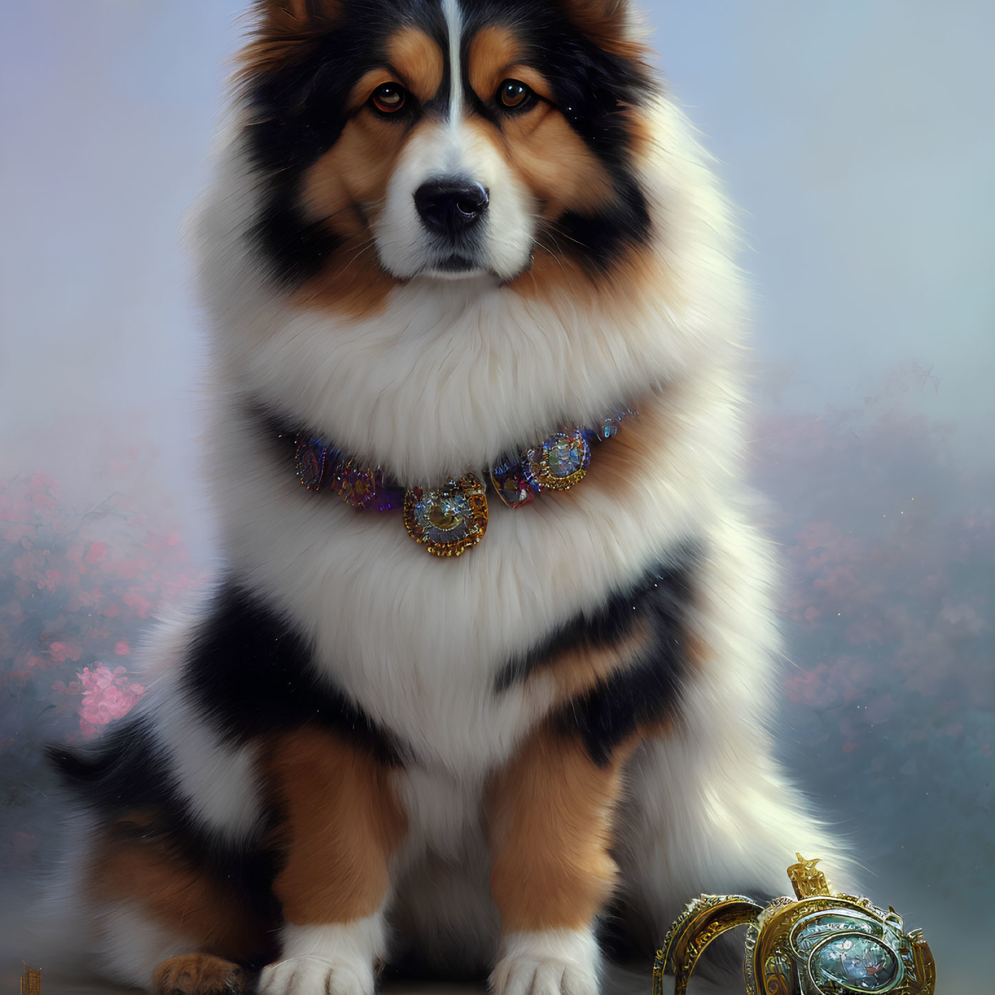 Fluffy Tricolor Dog with Jeweled Necklace and Pocket Watch on Floral Background