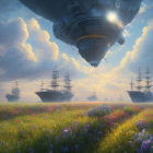 Futuristic ships above lush meadow with flowers at dawn or dusk