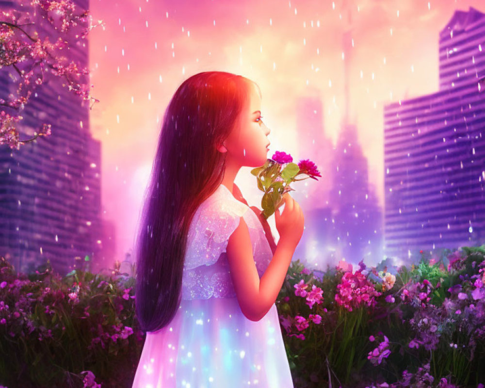 Girl in Glowing Dress Smelling Flower in Magical Pink Cityscape