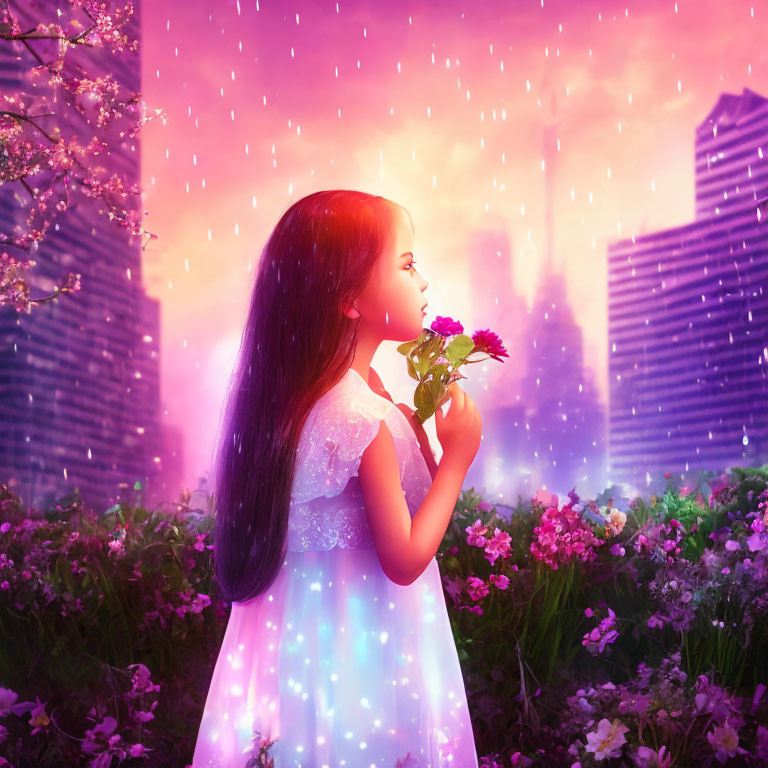 Girl in Glowing Dress Smelling Flower in Magical Pink Cityscape