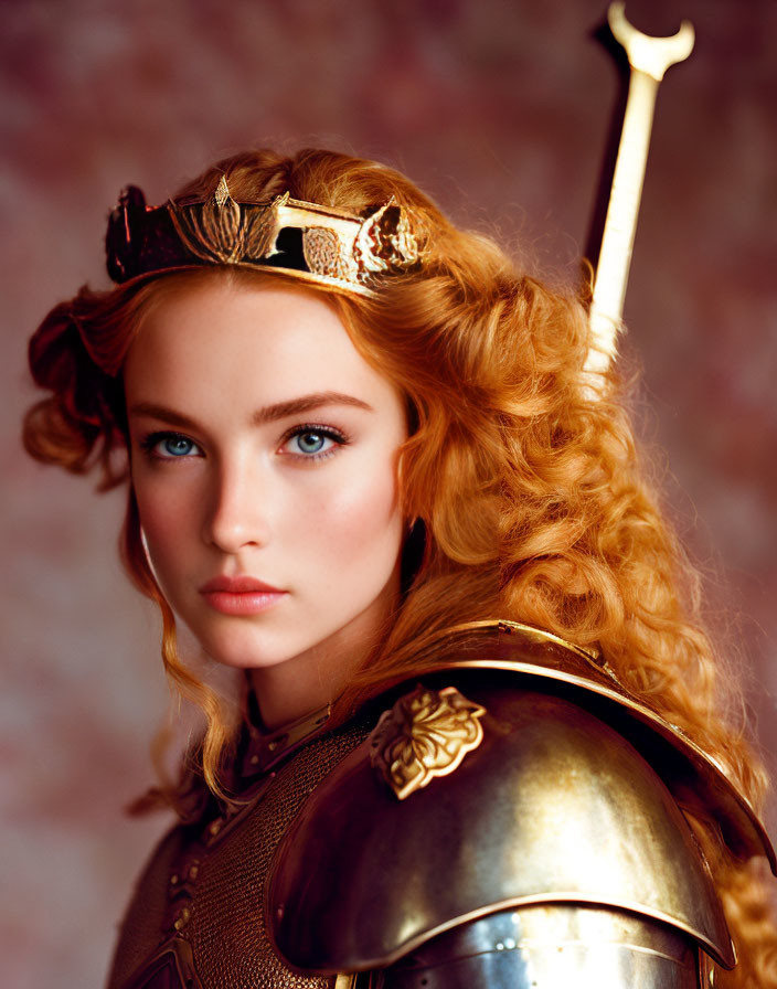 Woman with Blue Eyes and Red Curly Hair in Medieval Armor with Sword