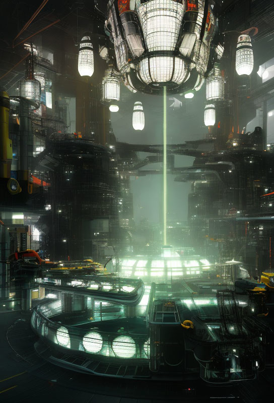 Futuristic industrial interior with towering structures and green beam.