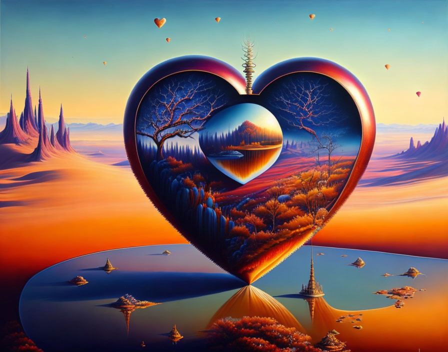 Surreal heart-shaped frame landscape with serene lake, trees, mountains, and floating hearts