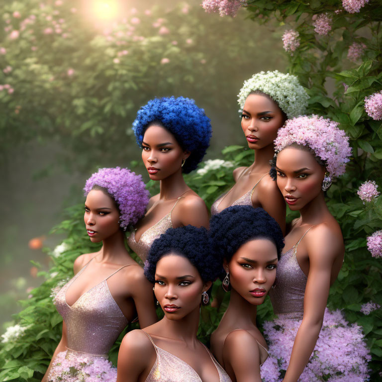 Six women with blue, purple, and white floral hair pose among soft-focus flowers