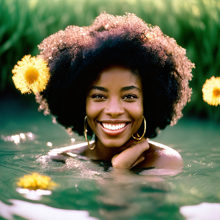 Smiling woman with hoop earrings in water surrounded by dandelions