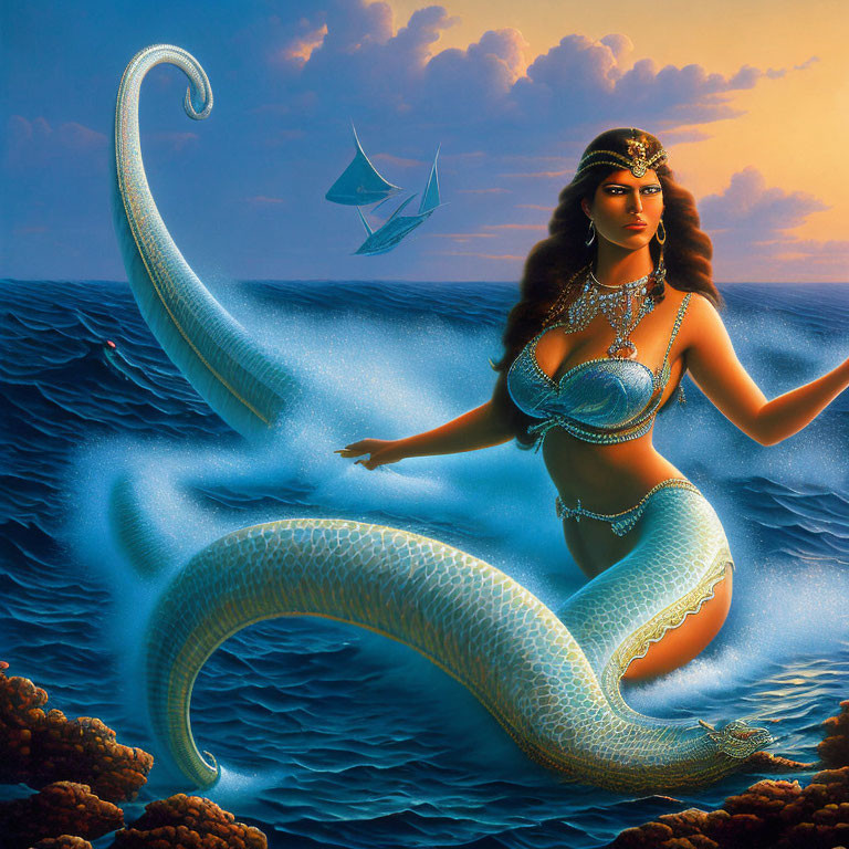 Mythical mermaid illustration with human upper body and fish tail emerging from sea with vessel in background