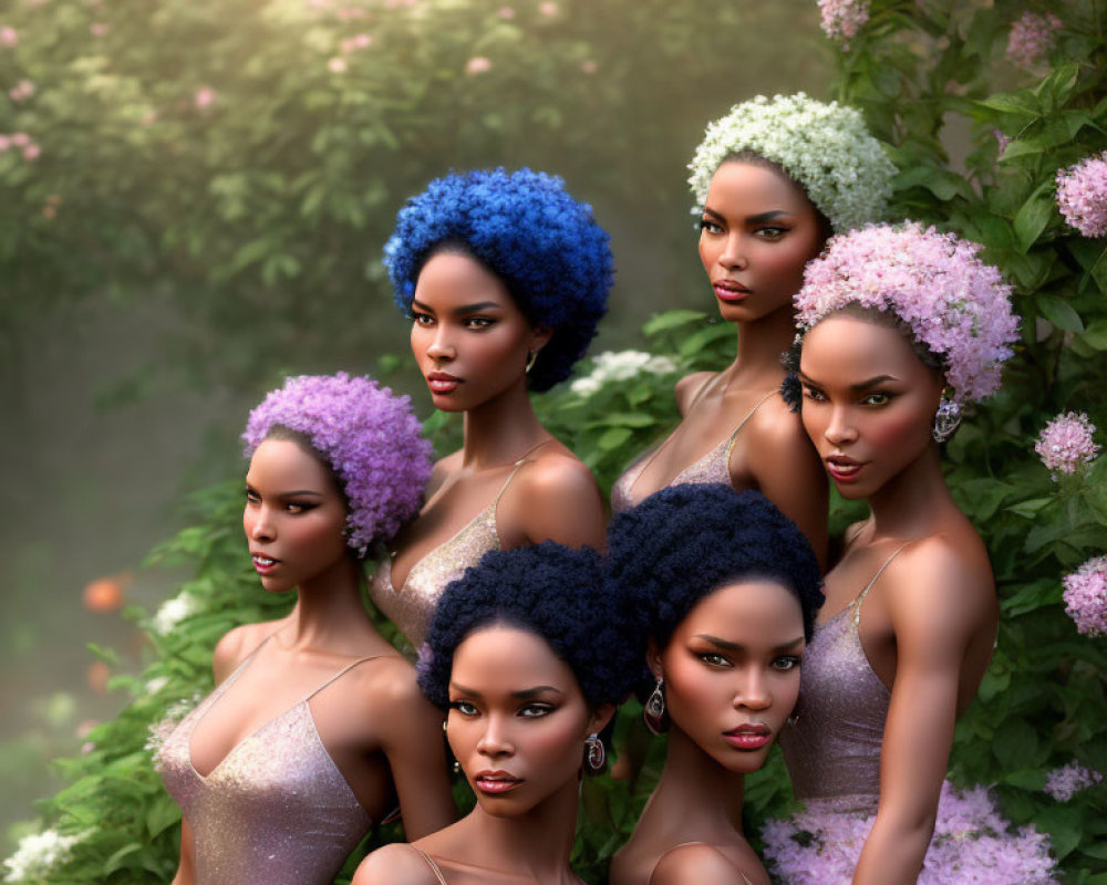 Six women with blue, purple, and white floral hair pose among soft-focus flowers