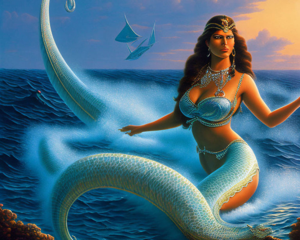 Mythical mermaid illustration with human upper body and fish tail emerging from sea with vessel in background