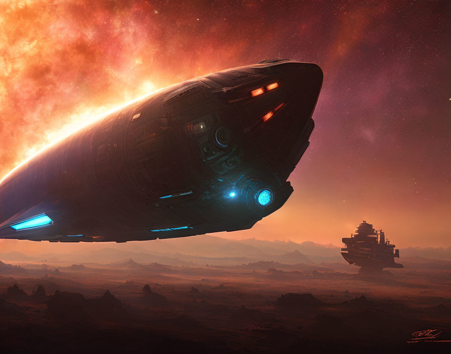 Futuristic spaceship above barren landscape with fiery sky and blue thrusters