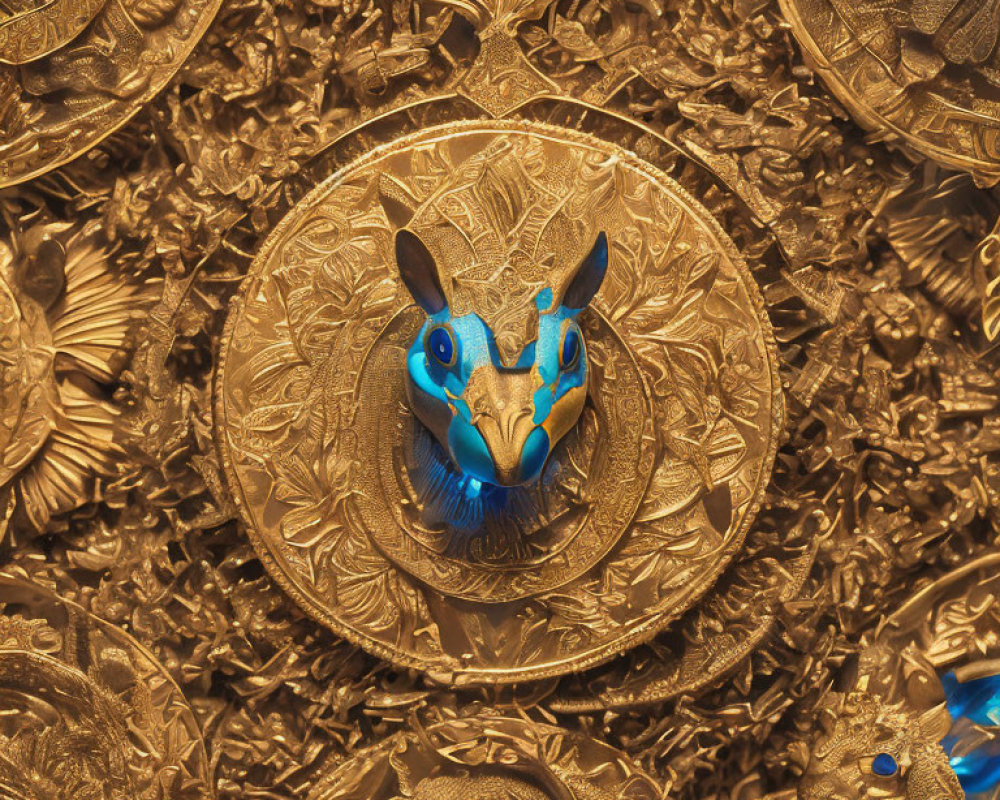 Intricate Gold Relief Featuring Egyptian-Style Jackal Mask