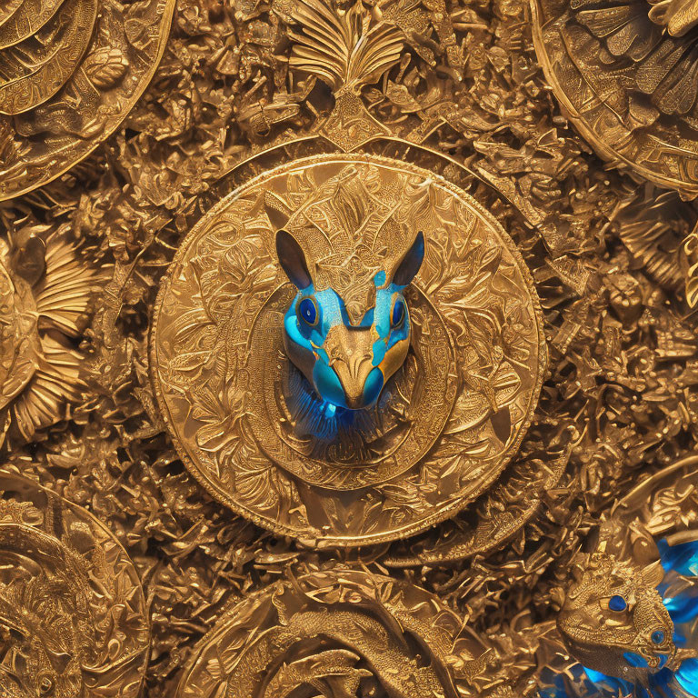 Intricate Gold Relief Featuring Egyptian-Style Jackal Mask