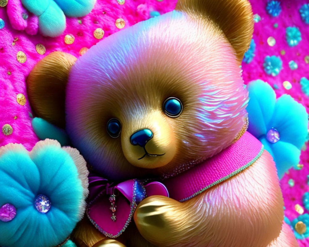 Vibrant gold and pink teddy bear with blue flowers on magenta background