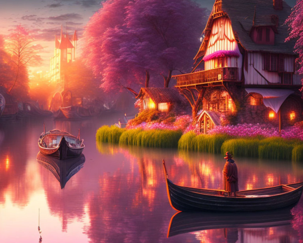 Tranquil twilight river scene with person in boat, charming houses, blooming trees, warm sunset