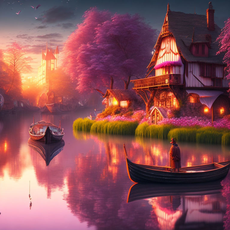 Tranquil twilight river scene with person in boat, charming houses, blooming trees, warm sunset