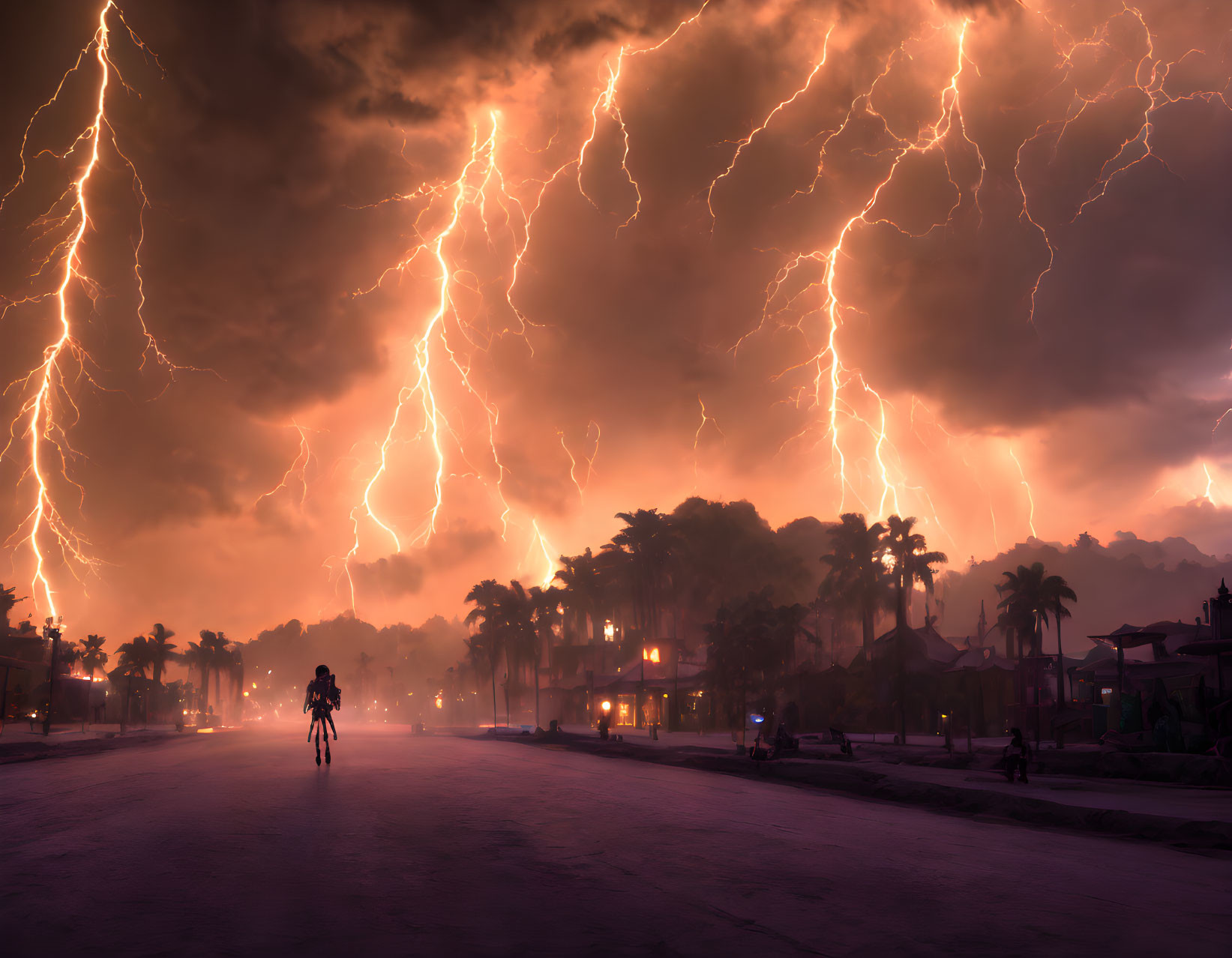 Cyclist on street at dusk with lightning strikes and palm tree silhouettes