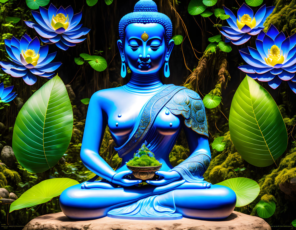 Blue Buddha Statue Surrounded by Illuminated Lotus Flowers