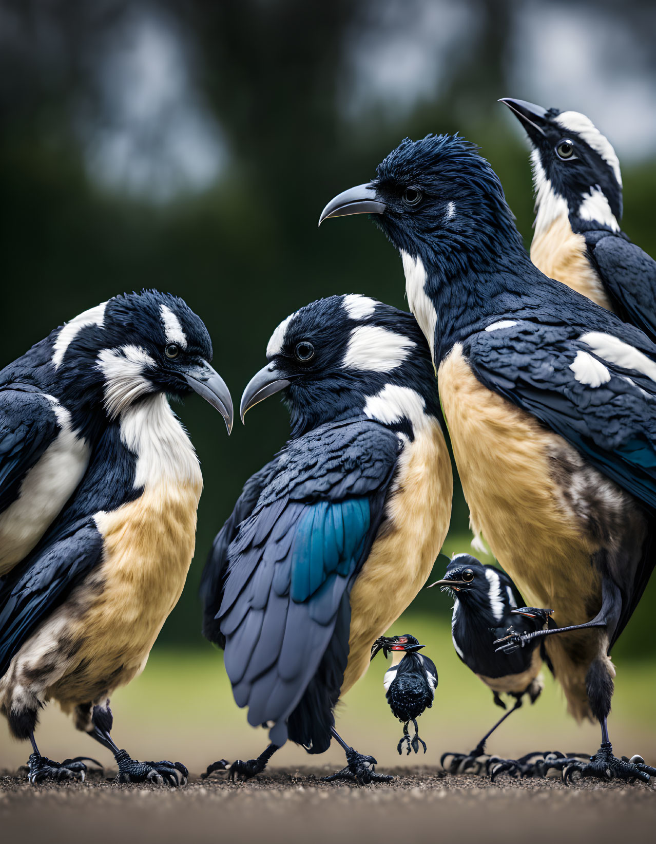 Group of Black, White, and Blue Magpie-Like Birds with Colorful Plumage