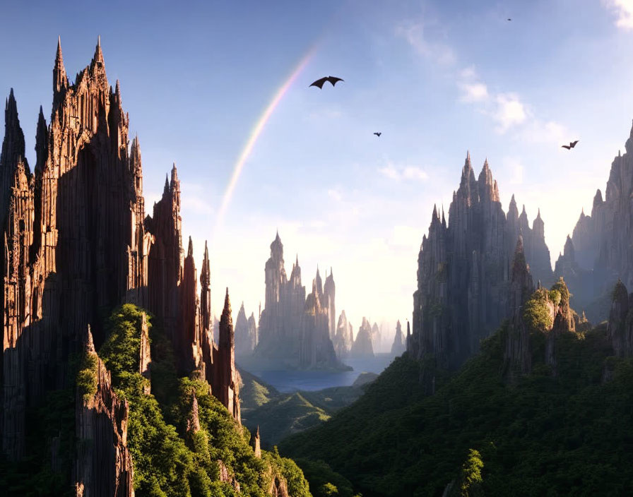 Majestic landscape with towering rock spires, greenery, birds, sunlight, and rainbow