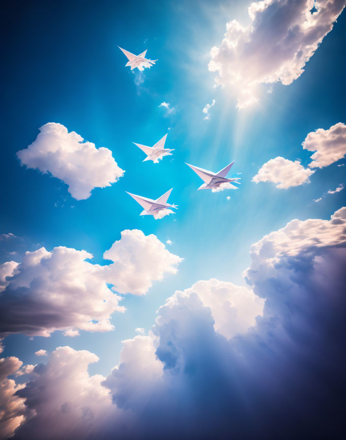 Five paper airplanes in bright blue sky with white clouds and sunbeams.