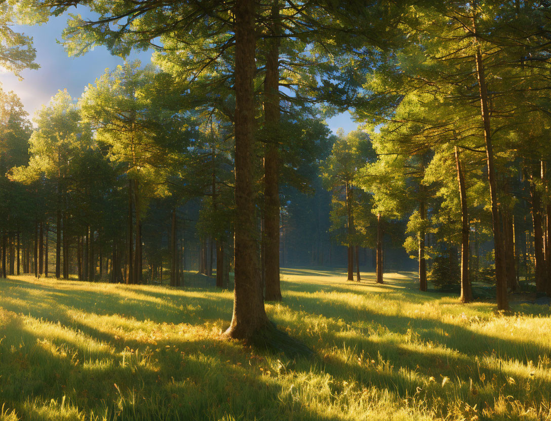 Serene forest scene with sunlight filtering through lush greenery