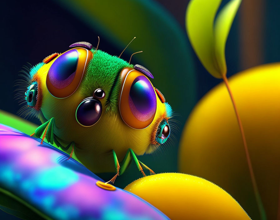 Colorful Close-Up Illustration of Whimsical Bug with Large Eyes