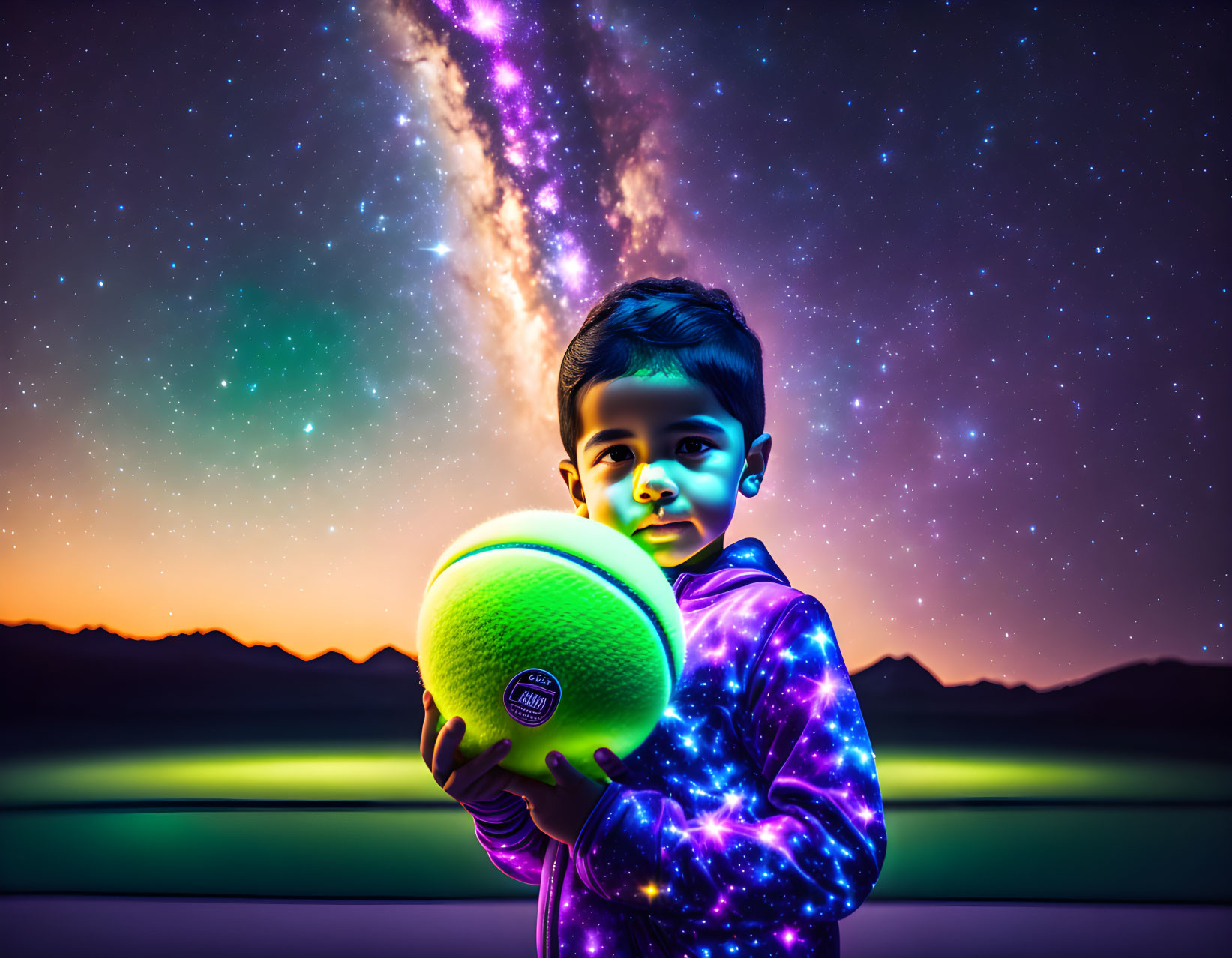 Child Holding Glowing Ball Against Starry Galaxy Sky