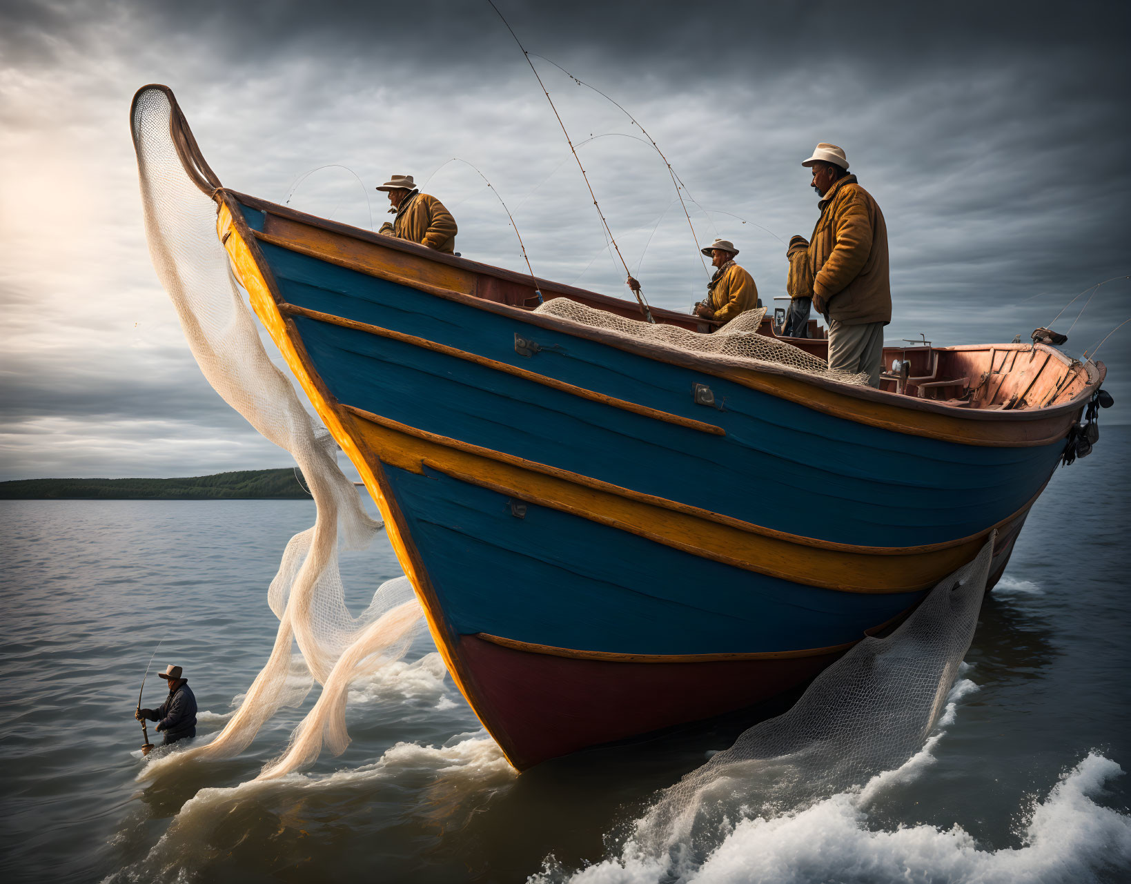 Two fishermen casting a net from a vibrant blue and red boat under a cloudy sky